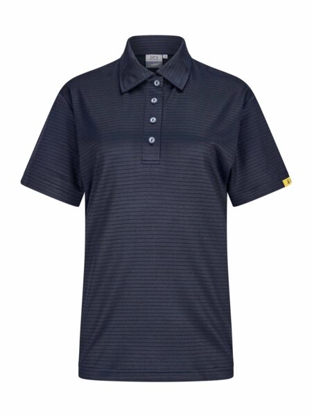 The image shows a short, dark blue polo shirt with fine horizontal stripes. It features a classic collar and three buttons on the front. There is a yellow detail on the side.