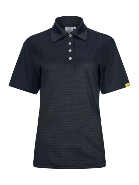 The image shows a black polo shirt with short sleeves. It features a classic collar, four buttons, and fine horizontal stripes. A yellow logo is located on the left sleeve.