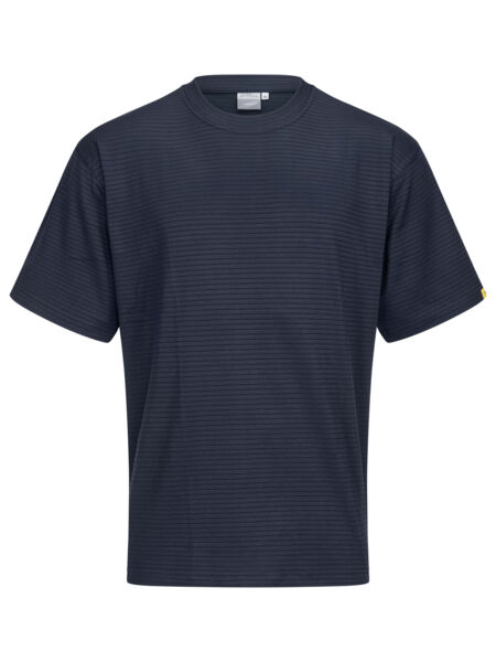 The image shows a dark, short-sleeved T-shirt with fine, horizontal stripes. It features a round neckline and a classic, relaxed fit.