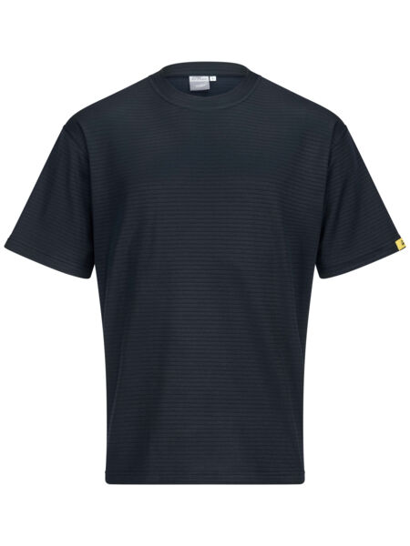 The image shows a black T-shirt with short sleeves. It has a simple, straight shape and appears solid-colored, without any noticeable patterns or designs.