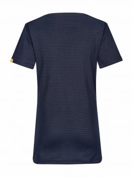 The image shows a dark blue, striped T-shirt with a wide neckline and short sleeves. On the left side, a small yellow emblem is visible.