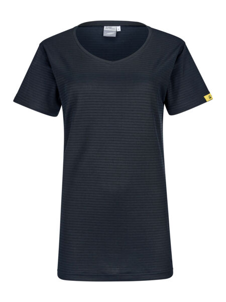 The image shows a black short-sleeved T-shirt with a V-neckline. It features a textured fabric and a small yellow label on the side.