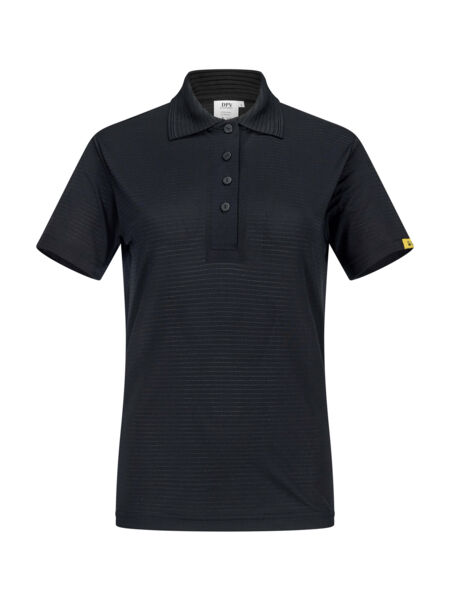 The image shows a black polo shirt with short sleeves and a classic collar. It features three buttons at the front and fine horizontal stripes. There is a yellow logo at the hem.