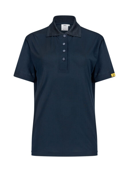 The image shows a dark blue polo shirt with short sleeves. It features a stylish collar and three buttons on the front. There is a yellow logo on one sleeve.