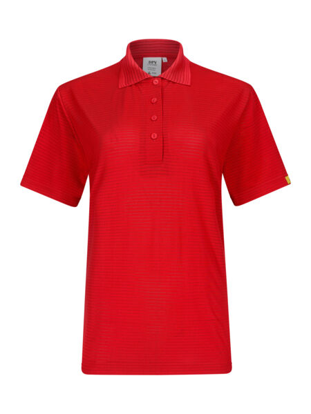 The image shows a red polo shirt. It has a collar and three buttons at the front. The surface is slightly textured. There is a small logo on one sleeve.