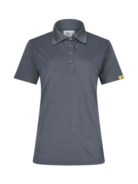 The image shows a gray women's polo shirt with a classic collar and four buttons. The material has fine, narrow stripes. There is a yellow label on one sleeve.