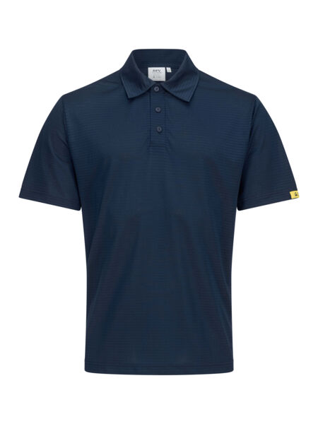 The image shows a dark blue polo shirt. It has short sleeves and a classic collar with three buttons. There is a yellow logo on the left sleeve.