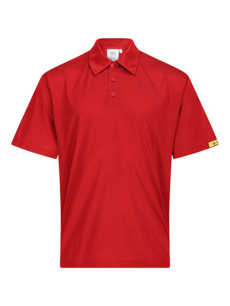 The image shows a red polo shirt with short sleeves and a classic collar. It has a straight fit and three buttons at the front. A small yellow patch is attached to one sleeve.