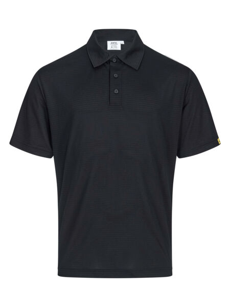 Das Bild zeigt ein schwarzes Poloshirt. Es hat kurze Ärmel, einen klassischen Kragen und drei Knöpfe auf der Vorderseite. Der Stoff wirkt glatt und casual.