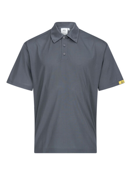 The image shows a gray polo shirt made from a smooth, lightweight material. It features a classic collar, three buttons, and a small yellow logo stripe on the side.