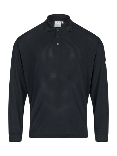 The image shows a black long-sleeve polo shirt. It features a classic collar and three buttons on the front. The fabric has fine, vertical lines.