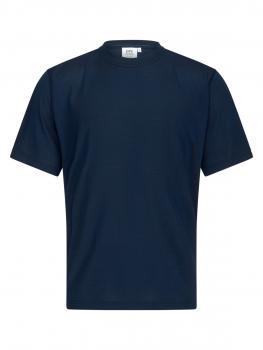 The image displays a short-sleeved T-shirt in a deep, solid blue. It features a round neckline and a simple, straight fit with no patterns or prints.