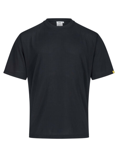 The image shows a simple, black short-sleeved T-shirt. It has a round neckline and is made of smooth fabric. It appears sporty and casual.