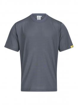 The image shows a gray short-sleeved T-shirt. It has a simple, smooth surface and a small yellow label patch on the left side.