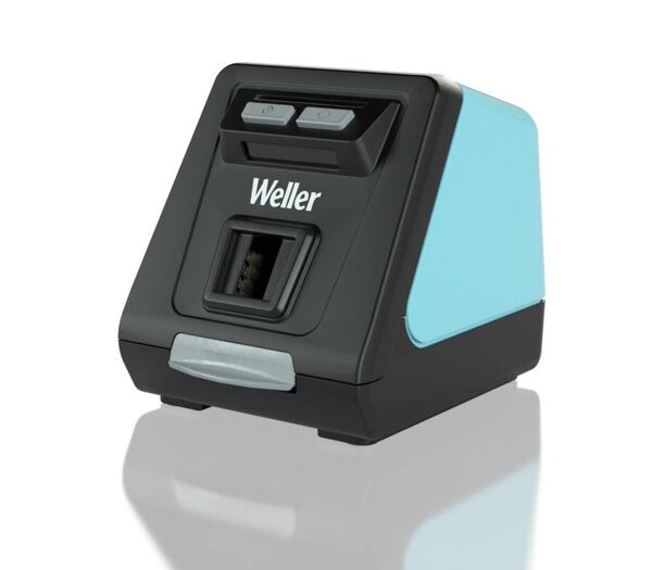 The image displays an electronic soldering iron stand. It is predominantly black with blue accents. On the front, there is a slot for the soldering iron and two buttons on the top.