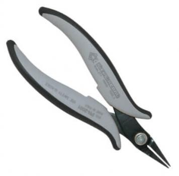 The image shows a pair of pliers. It has two curved handles made of gray and black plastic, and a narrow, pointed cutting edge. Ideal for cutting fine materials.