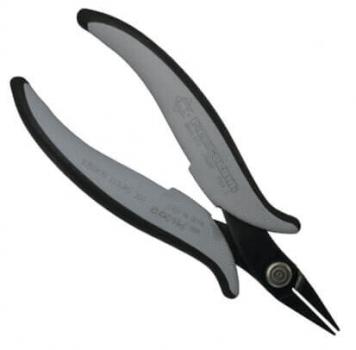 The image shows a small, curved pair of pliers with long, narrow jaws. The handle is ergonomically shaped, black and gray, and provides a good grip during work. The pliers are well suited for delicate tasks.