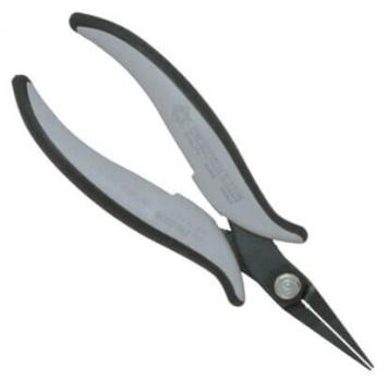 The image shows a sharp, pointed pair of pliers with a grip-friendly, gray and black rubber coating. The jaws of the pliers are narrow and suitable for precise tasks.