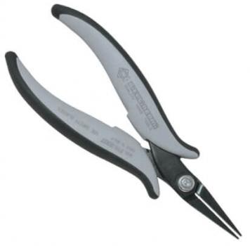 The image shows a pair of pliers with long, pointed blades. The handle is ergonomically designed and made of gray and black plastic to provide a secure grip.