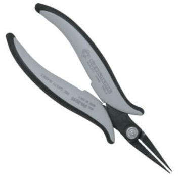 The image shows a small pair of pliers with long, narrow tips and ergonomically shaped, gray and black handles. It is suitable for precise tasks.