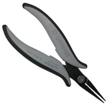 The image shows a pointed pair of pliers with an ergonomic handle. The handles are gray with black accents and the pliers have narrow, long jaws, ideal for precise tasks.