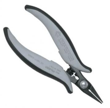 The image shows a pair of pliers with gray handles that are slightly rounded on the sides. The pliers have pointed, narrow blades, ideal for precise tasks. They appear ergonomic and handy.