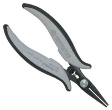 The image displays a small pair of pliers with long, pointed jaws. The handles are gray and black, ergonomically shaped for better grip. It looks sturdy and precise.