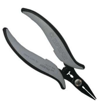 The image shows a pair of pliers with black, ergonomic handles and a pointed, metal tip that opens and closes easily.