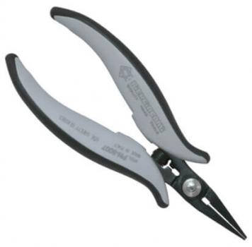 The image shows a flatter pair of pliers with long, pointed jaws. The handles are grey with black, non-slip material. Ideal for precise work in tight areas.