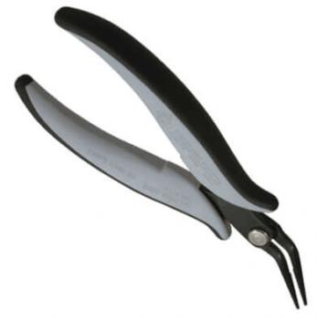 The image shows a pair of pliers with long, narrow head parts. The handles are ergonomically shaped, black and gray, and provide a secure grip. Ideal for precise tasks.