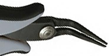 The image shows a pair of pliers with narrow, pointed jaws. The handle is ergonomically designed, with black and gray colors dominating. The pliers appear sturdy and precise.