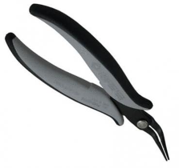 The image shows a pair of pliers with long, narrow jaws and ergonomic grip surfaces. The handles are black and gray, and the jaws appear to be metallic.