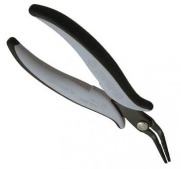 The image shows a pair of pliers with black handles and a silver, pointed working surface. The pliers have a slim shape and are suitable for gripping or bending.