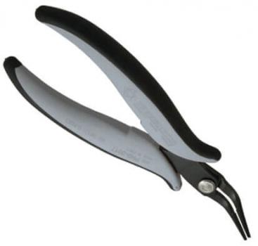 The image shows a pair of pliers with ergonomic, gray and black handles. The tips are narrow and pointed, suitable for precise gripping or cutting of materials.