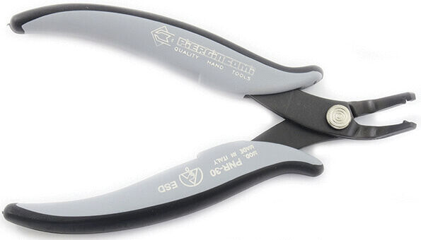 The image shows a pair of pliers with gray handles and a black metal tip. The pliers have a narrow opening and look sturdy and ergonomic. Ideal for precise work.