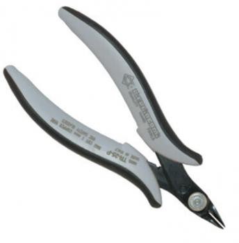 The image shows a small pair of pliers with gray and black handles. The pliers have a pointed, sharp edge for cutting. They are compact and ergonomically designed.