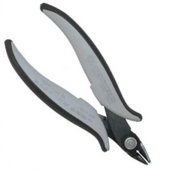 The image shows a pair of pliers with long, curved handles. The handles are black and gray, and the metal tip is narrow and sharp, suitable for precise cutting.