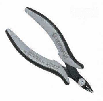 The image shows a pair of pliers with curved, non-slip handles in gray and black. The cutting edge is narrow and sharp, ideal for cutting fine materials.