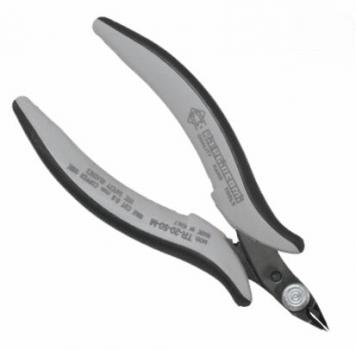 The image shows a pair of pliers with gray, ergonomic handles and a sharp, curved blade. The pliers have a compact shape and are designed for precise cutting.