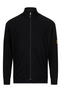 The image shows a black zip-up sweatshirt with a stand-up collar. The jacket has long sleeves and is plain, without any conspicuous patterns. A small logo is attached to one sleeve.