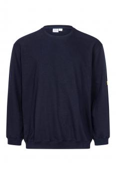 The image shows a dark blue sweater with a crew neck and long sleeves. The hems are slightly elastic. There is a small, round emblem on one sleeve.