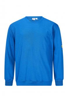 The image shows a blue sweater with long sleeves and a round neckline. The fabric features fine, horizontal stripes and a slightly loose fit. There is a small yellow logo on one sleeve.