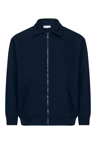 The image shows a dark blue sweatshirt with a stand-up collar and a full-length zipper. It has long sleeves and a simple, elegant cut without patterns.