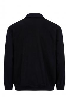 The image shows the rear view of a black polo shirt with a collar and long sleeves. It has a simple, classic cut without any conspicuous details.