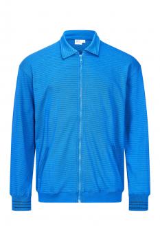 The image shows a blue jacket with a zipper. It has a classic collar and fine horizontal stripes. The sleeves are long and end with a narrow cuff.