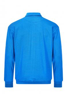 The image shows the back view of a blue jacket. It has a high collar, long sleeves, and is adorned with fine, horizontal stripes. The fabric appears smooth and lightweight.