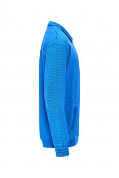 The image shows a blue sweater in side view. The sweater has long sleeves, a collar, and vertical stripes. It is loosely fitted and has a pocket on the front.