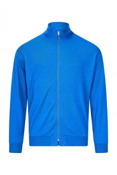 The image shows a bright blue jacket with a short stand-up collar. It features a full-length zipper and is designed in a sporty style. The sleeves are long and the fabric appears soft.