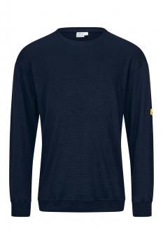 The image shows a dark blue sweater with long sleeves. It has a round neckline and a loose fit. There is a yellow logo on one sleeve.