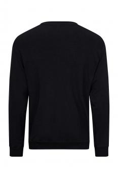 The image shows a black sweatshirt from the back. It has long sleeves, a round neckline, and currently no striking print or pattern. The fit is simple and casual.